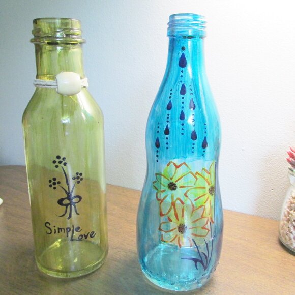 Hand Painted Upcycled Bottles: Blue & Green Folk Art Vases, Set of 2 - Picture 12 of 16